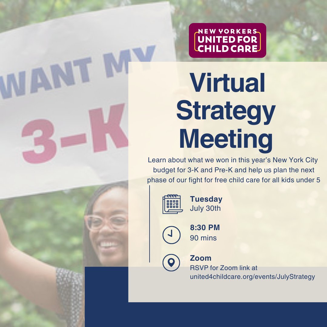 🚀 Join us for a Virtual Strategy Meeting! 🚀

🗓 Tuesday, July 30th
🕰 8:30 PM (90 mins) 
📍 Zoom

Learn about our 3-K and Pre-K wins and help plan the next steps to win FREE child care for kids under 5. 💪

🔗 RSVP: united4childcare.org/events/JulyStr…

#ChildCareForAll #NYC