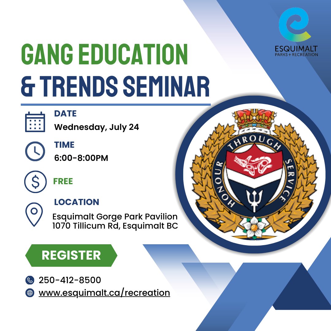 Parents, Caregivers &amp; Teens: Are you interested in learning about gangs in our communities &amp; the influence &amp; impact of gang activity on youth?

Join VicPD Gang Expert &amp; the Mobile Youth Services Team July 24 for an informative seminar. Register online at Esquimalt Parks &amp; Rec