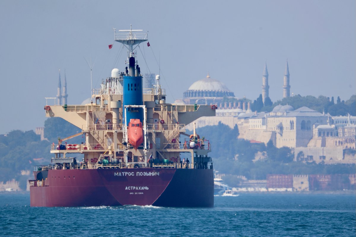 Russia exports Ukrainian grain from unlawfully occupied territories as its own by using falsified manifests &amp; seaborne subterfuge: CMC's Russian flag handymax Matros Pozynich transits Bosphorus toward Med carrying 27200t of wheat to Syria (or for another port in the Middle East)