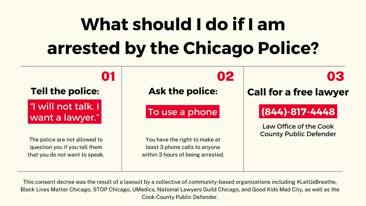 🗣️KNOW YOUR RIGHTS UNDER ARREST - a thread 🧵

[1] If the Chicago Police arrest you, stay silent and ask for a phone. 

You are entitled to 3 phone calls to anyone within 3 hours of being arrested AND access to an attorney.