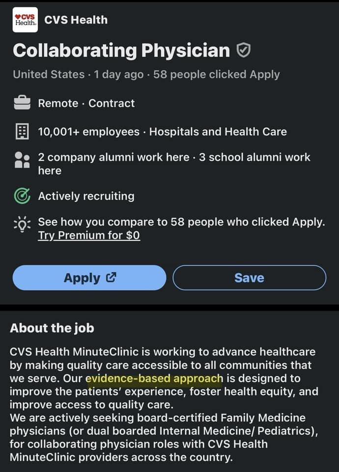 Suburbanbella's tweet image. For the love of God, physicians, please do not take these jobs. Anything that says "Minute Clinic" should be a hint. A friendly reminder that the difference between "supervision" and "collaboration" is nothing. Both mean you are putting your license on the line. PERIOD.