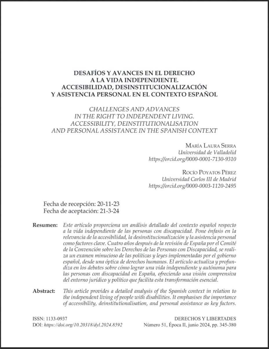 📘 #RevistaDerechosyLibertades Nº 51 (2024) <a href="/idhbc_uc3m/">Derechos Humanos (IDHPB)</a> <a href="/uc3m/">UC3M</a> <a href="/dykinsonlibros/">Librería - Editorial Dykinson 📚</a>

📣 Hoy en la sección #Artículos ✍🏼 “Desafíos y avances en el derecho a la vida independiente” de <a href="/SerraMLaura/">Maria Laura Serra</a> y #RocíoPoyatosPérez

⬇️ ¡Léelo aquí! ⬇️ #OpenAccess
🔗 doi.org/10.20318/dyl.2…