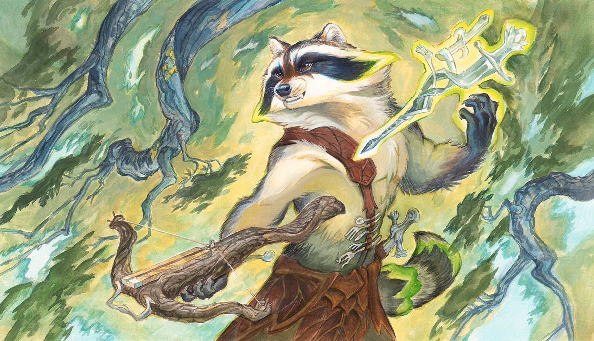 "Scrap Shooter" for #MTGBloomburrow 🍃
AD: Aliana Rood
the last of my Showcase art has been reveled! 
Watercolor on cotton board, 11.5" by 20"