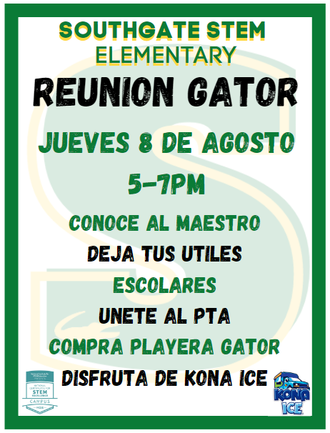 Gator Families - Please join us on Thursday, August 8 at our Gator Gathering!  You and your student are welcome to visit the school, meet teachers, drop off supplies, join the PTA, and so much more!