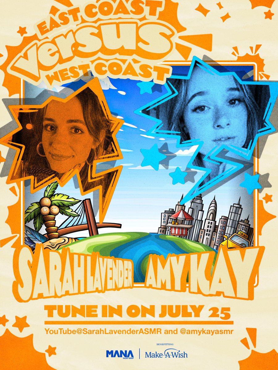 ManaTalentgg's tweet photo. East Coast team captain @AmyKayAsmr and Team West Coast's @lavenderasmr are going head to head! 💙🧡

Watch it go down next Thursday for Versus benefiting @MakeAWish! 🌴🎙️ https://t.co/p1x3WHxNI5