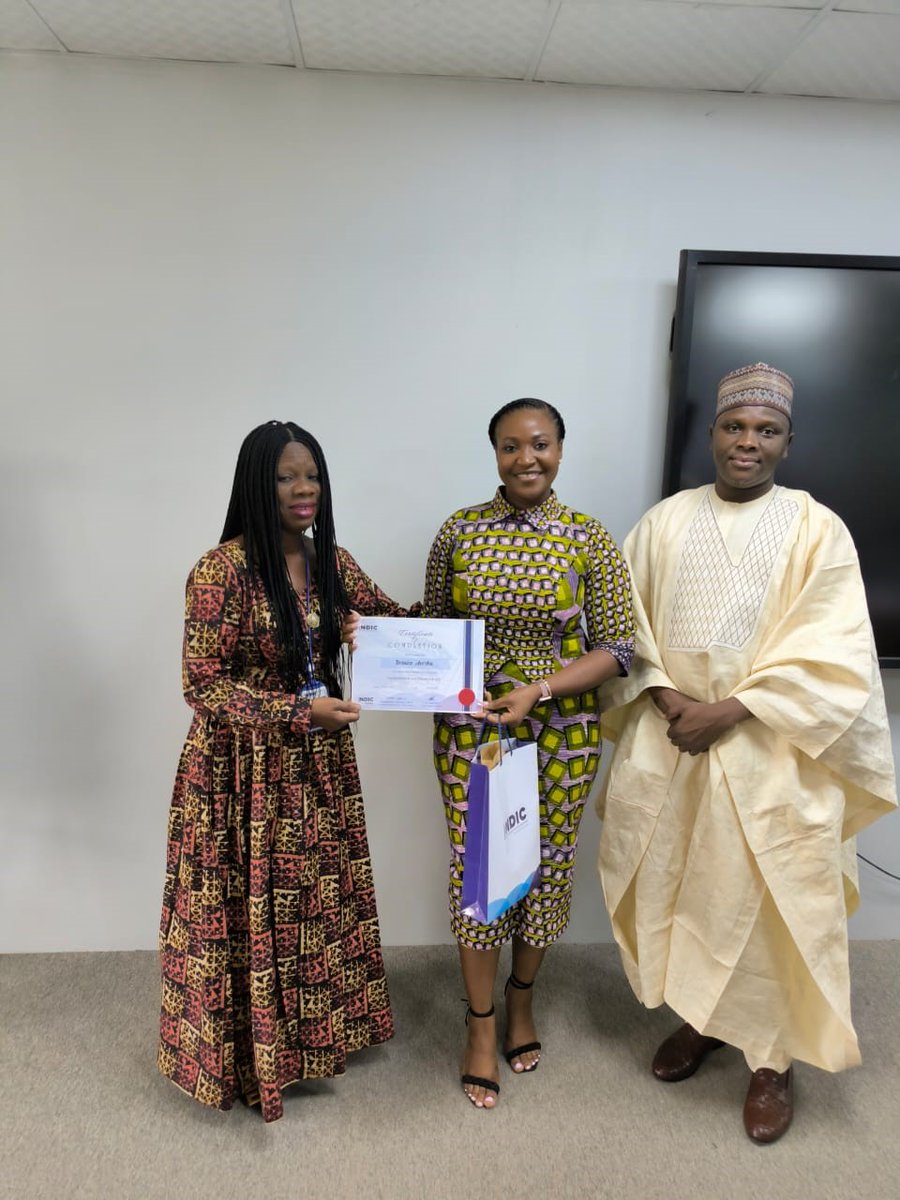 ndic_academy's tweet photo. The Director/CLO Academy, Mrs. Oluwanishola E. Rosemary, alongside Head, Program Delivery Unit, Dr. Sani Saidu, handing certificates of participation to participants from the Ghana Deposit Protection Corporation (GDPC)
#NDIC #NDICAcademy #DIS #GDPC https://t.co/ebjHveLzcb