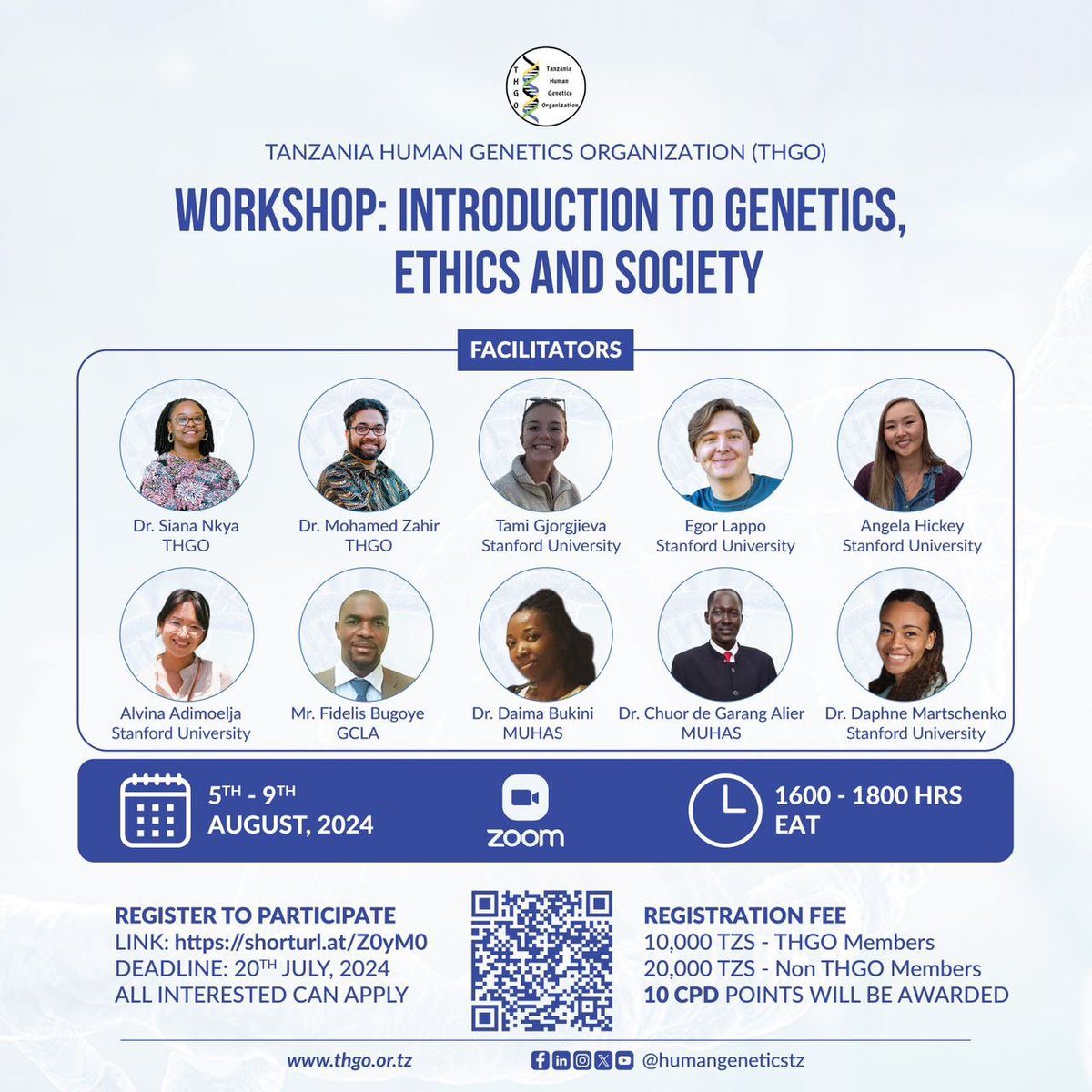 🌟 Exciting News! 🌟
HuGAA is sponsoring 10 Gambians for the "Introduction to Genetics, Ethics, and Society" workshop by <a href="/humangeneticstz/">Tanzania Human Genetics Organization</a>! 

📅 5th-9th Aug 2024 🕒 13:00-15:00 GMT 📍 Zoom
🔗 Apply by 22nd July: forms.gle/tUHfvJPY4Y311r…
#HuGAA #GeneticsWorkshop #THGO #TheGambia