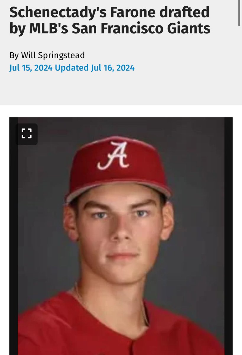 AsmSantabarbara's tweet photo. Congrats to Schenectady’s own Greg Farone on being drafted by the San Francisco Giants in the 7th round of the MLB draft! ⚾️🎉 From @SCSchools to Alabama, your journey has been incredible. Can’t wait to see you shine in the pros! 

🌟🧢 #MLBDraft #SchenectadyPride #GiantsNation https://t.co/lVB7PHEFaU
