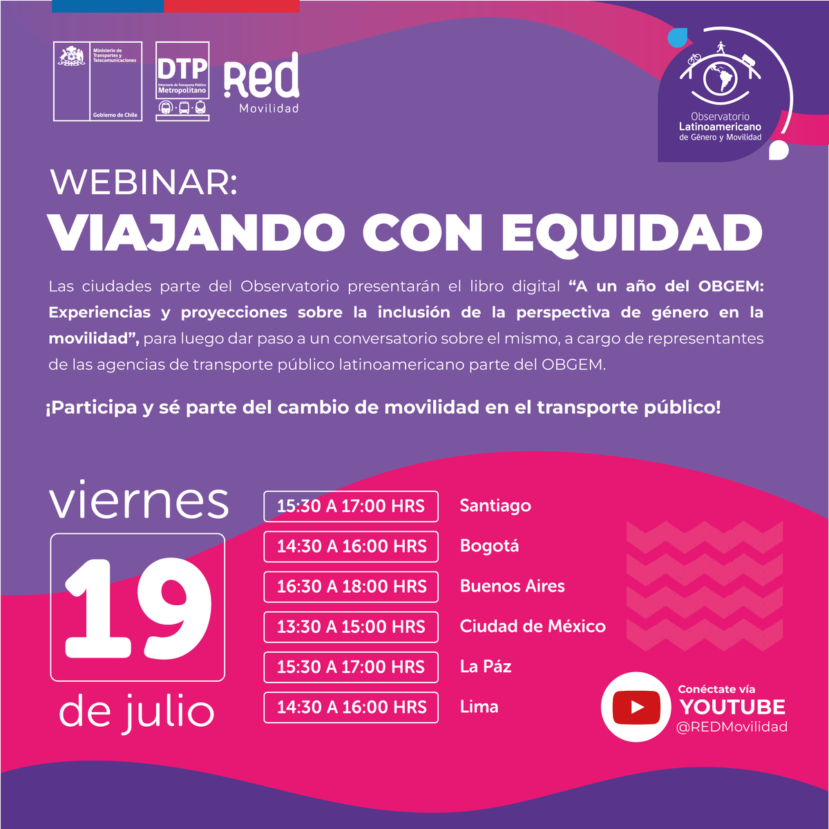 DTPMet's tweet photo. 🟣🚇👩‍🦱¡Recuerda! Mañana nos reunimos en el webinar del Observatorio de Género y Movilidad para visibilizar los avances, aprendizajes y desafíos en torno perspectiva de género en la movilidad del transporte público. 
Te esperamos mañana a las 15:30 hrs. 
📡https://t.co/lPWfg2ybRY https://t.co/KzDmqAP9x6