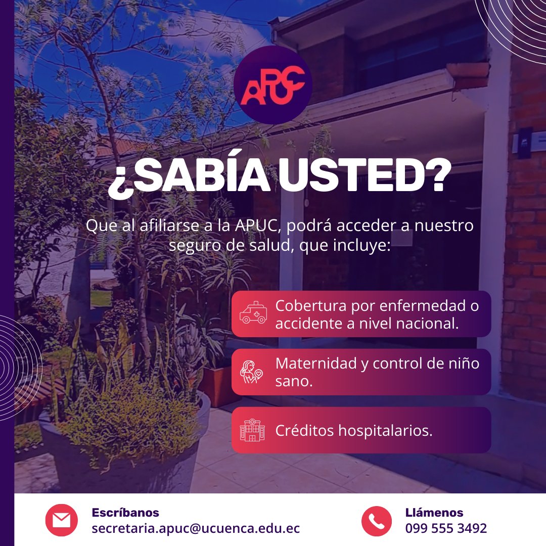 ApucUcuenca's tweet photo. Afiliarse a la APUC le otorga la oportunidad de integrarse a una comunidad académica comprometida y acceder a un completo seguro de salud, diseñado para ofrecerle tranquilidad y protección en todo momento.
¡Para más información, no dude en contactarnos!
#ApucUCuenca #Salud https://t.co/GSGSwLodQW