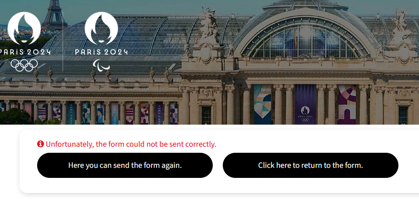 Rachellaracohen's tweet photo. @Paris2024 Do you know that your contact form (https://t.co/BMKqr3nIPv) does not work?  It repeatedly gives the below error message. This means there is no way to ask a question. Please fix. https://t.co/jtZw7afZmF