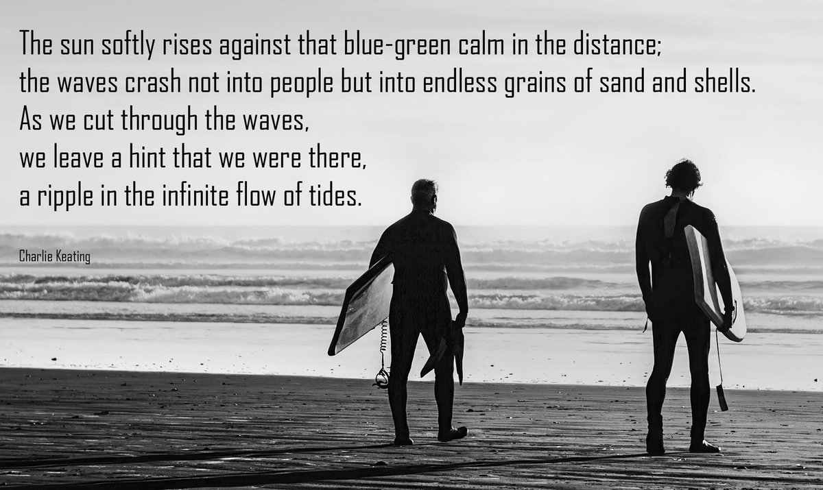 CharlesWKeating's tweet photo. The sun softly rises against that blue-green calm in the distance; the waves crash not into people but into endless grains of sand and shells. As we cut through the waves, we leave a hint that we were there, a ripple in the infinite flow of tides. https://t.co/pLihs7TUJs