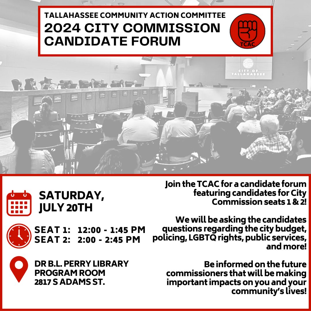 tallycac's tweet photo. Thank you to all the candidates that RSVP'd so far for our Candidate Forum on Saturday! 

Remember to join us at the Dr. B.L. Perry Library @ 12PM this Saturday, July 20th to be informed about what potential future City Commissioners will do to make your lives better!

#TCAC https://t.co/yi3uzNxEco