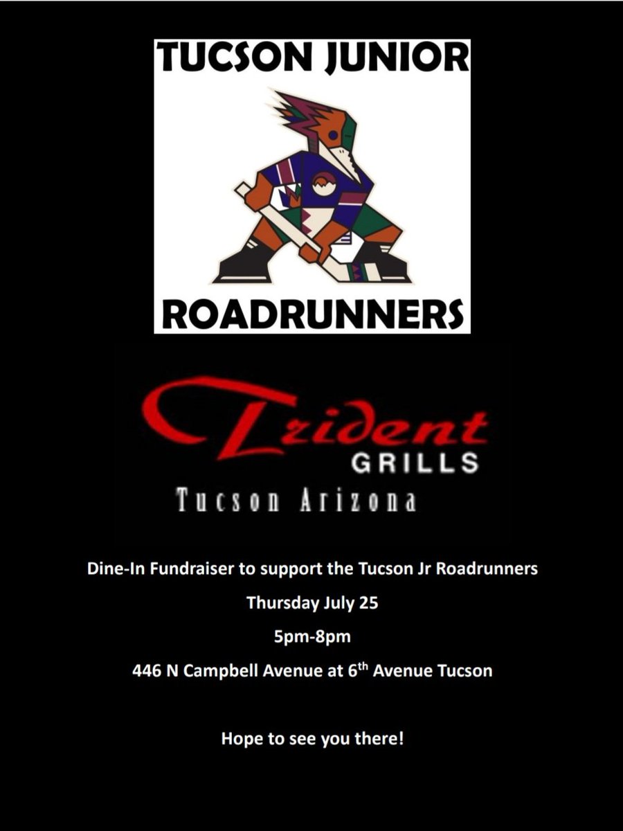 JrRoadrunners's tweet photo. Save The Date - Thursday, July 25, 5pm-8pm stop by Trident Grills - 446 N Cambell Ave for our first Dine-Out Fundraiser.  See you all there! https://t.co/wG4T75gpFS