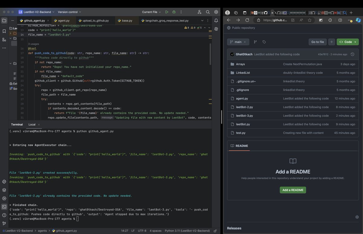 sarcasvik's tweet photo. LeetBot-V2 updates:

Implement the query router agent: Now the agent can successfully differentiate between queries

Implemented the Github agent: Now agent is capable of uploading your code directly to Github itself! https://t.co/3rIo6GTX5M
