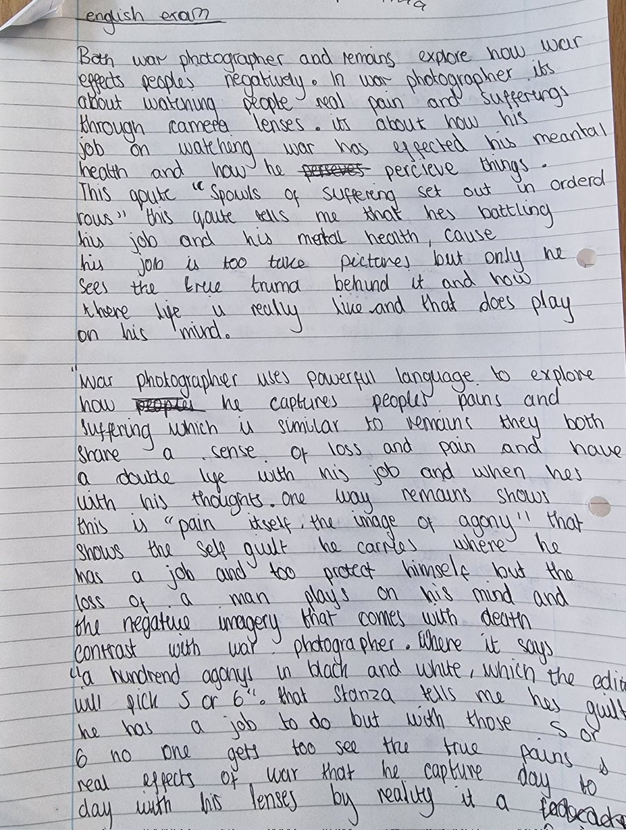Ms_Adenuga_'s tweet photo. A year 10 girl's first attempt at writing a GCSE exam response on 'Power and Conflict' poetry. She didn't have her book. (Ignore the spellings). What a great effort. ⭐️ #ThisisAP @HaringeyLP https://t.co/91jpFtE4e5