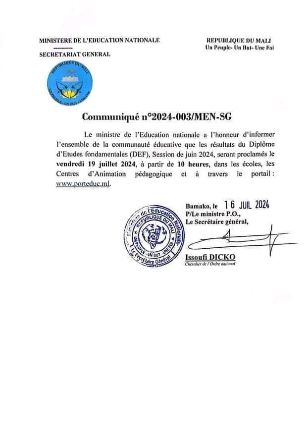 RÉSULTATS DEF 2024
DEMAIN VENDREDI À PARTIR DE 10H
Sur site  du Ministère de l'Education Nationale: porteduc.ml