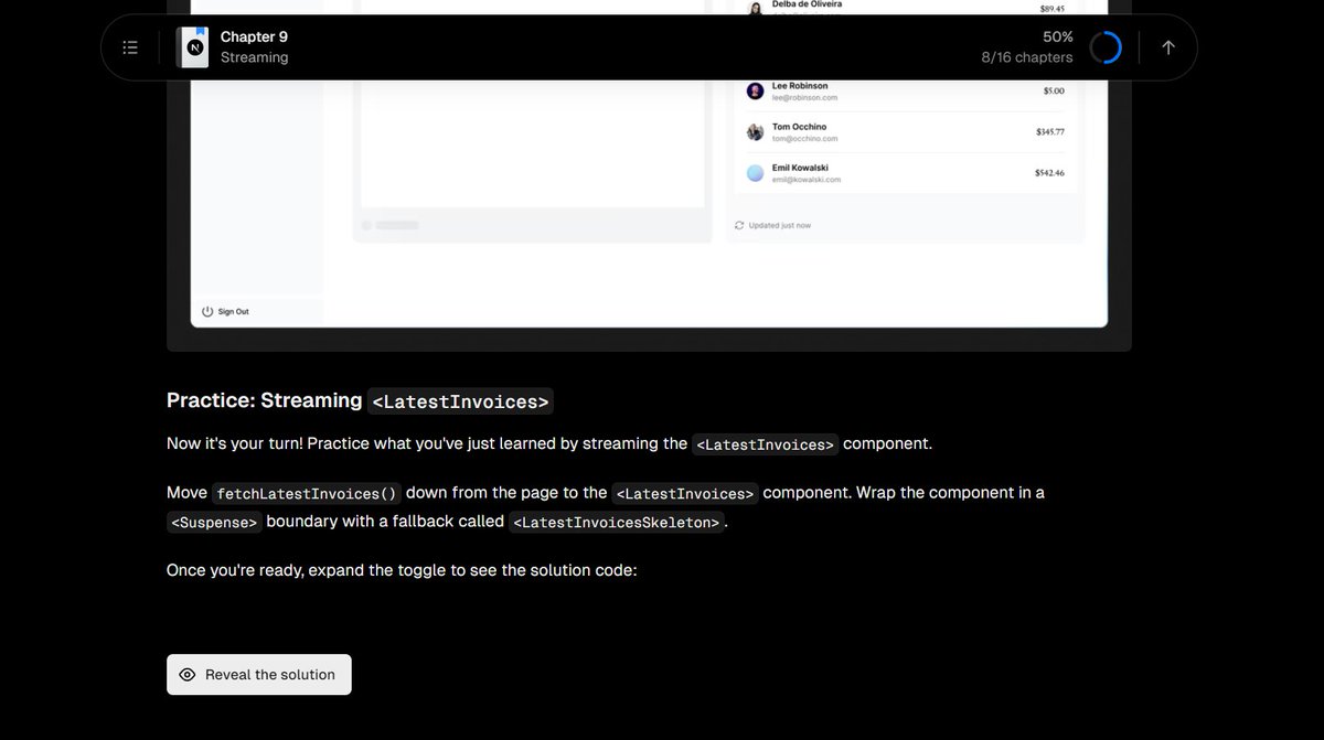 Day 4 of #100DaysOfCode

Today, I continued my journey through the Next.js course. I covered: 
-> Chapter 7: Fetching Data
-> Chapter 8: Static and Dynamic Rendering
-> Chapter 9: Streaming

I'm now 56% through the course and still going strong!