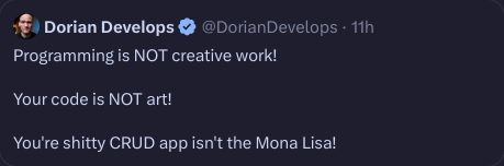 Vu le retour du sujet, opinion rapide :

- Tout ce qui sort d'une réflexion mentale possède forcément un côté créatif, artistique.
- décider de quel est le vrai art, c'est une pente glissante vers le fascisme