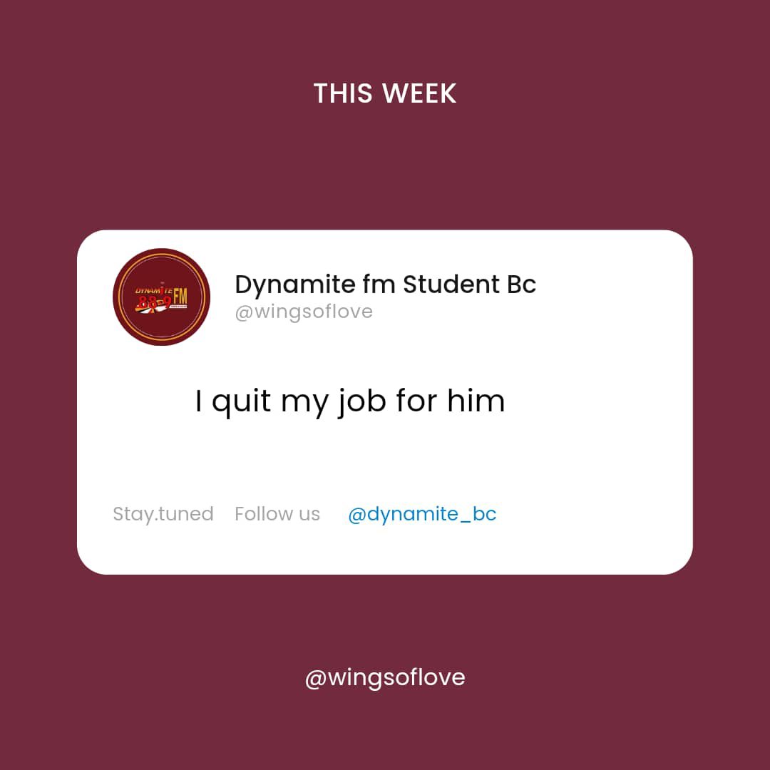 The price we pay for love is that sometimes it demands sacrifices.

Join us tonight from 10pm to 12am on Wings of Love, only on Dynamite 88.9FM, as we discuss matters of the heart.

 Power in th Air 🧨🧨🧨