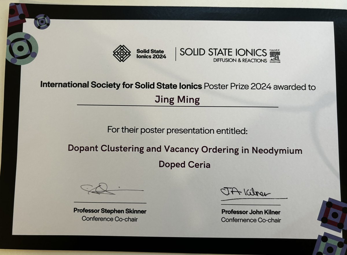 Jing Ming (@jingming1017) on Twitter photo Thank you for <a href="/SSIonics24/">Solid State Ionics</a> organizing this fantastic conference! I really enjoyed the brilliant talks and meeting many nice people here. And also it was very delighted to get this Poster prize 🥰🥰🥰#SSI24 
<a href="/Chemistry_QMUL/">Chemistry_QMUL</a> Thank you for <a href="/SSIonics24/">Solid State Ionics</a> organizing this fantastic conference! I really enjoyed the brilliant talks and meeting many nice people here. And also it was very delighted to get this Poster prize 🥰🥰🥰#SSI24 
<a href="/Chemistry_QMUL/">Chemistry_QMUL</a>