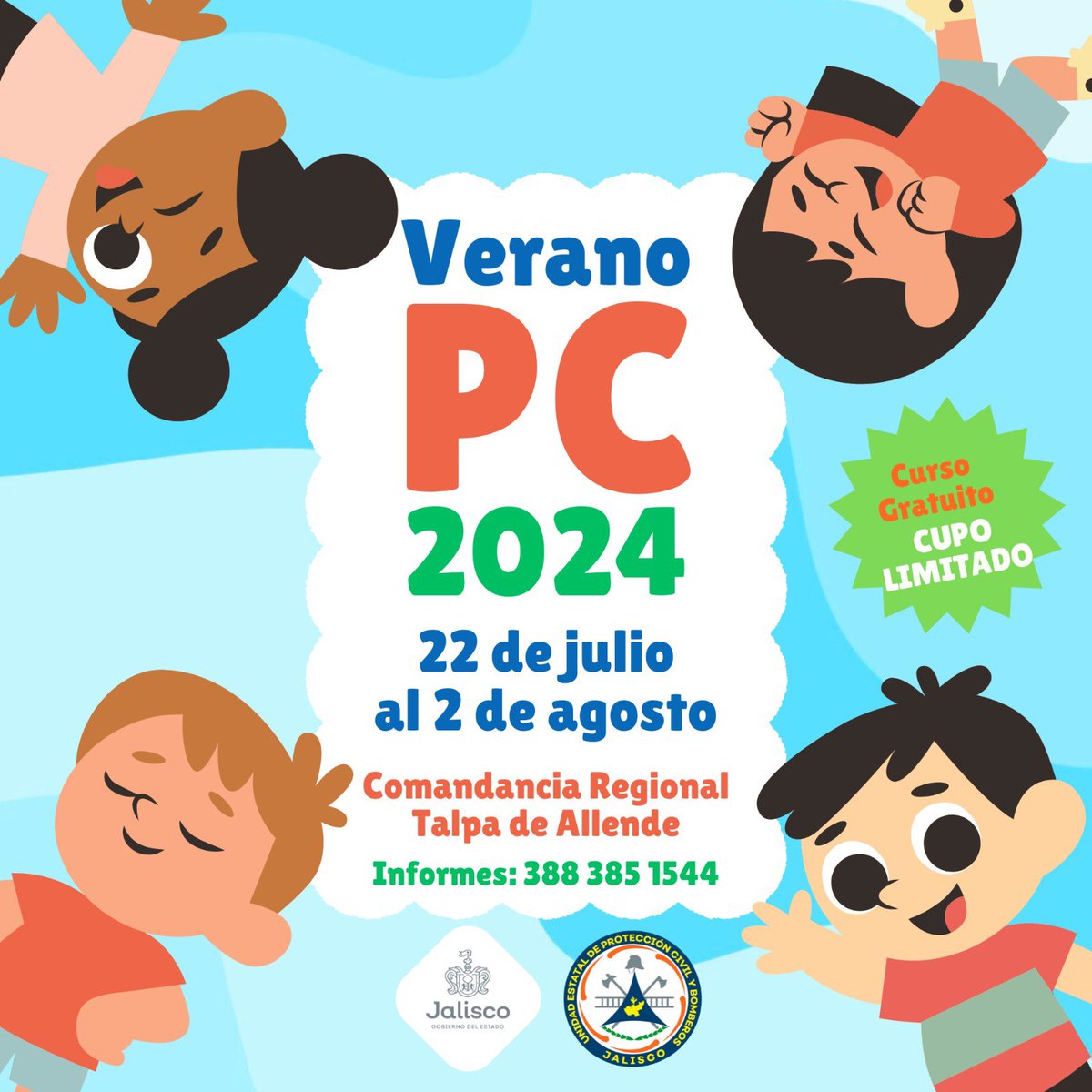 PCJalisco's tweet photo. ¡Atención! 🚨 Si vives en #Talpa de Allende, estas vacaciones el #VeranoPC llegará a tu municipio.
Se realizará del 22 de julio al 2 de agosto en nuestra Comandancia Regional.
Pueden participar niños y niñas de 8 años en adelante. 👧🏻👦🏻
Para más información llama al 3883851544. https://t.co/Zdq07FjdG6
