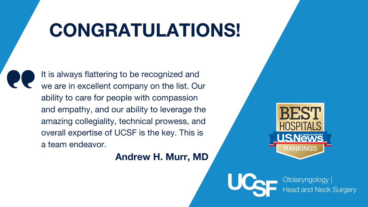 UCSF Otolaryngology | Head and Neck Surgery (@ucsf_ohns) on Twitter photo Have you heard? <a href="/UCSF_OHNS/">UCSF Otolaryngology | Head and Neck Surgery</a> ranks 12th on the <a href="/usnews/">U.S. News & World Report</a> Best Hospitals for Ear, Nose & Throat category!
Thank you to all our staff & faculty for all their hard work devoted to the service & care of patients & families. Have you heard? <a href="/UCSF_OHNS/">UCSF Otolaryngology | Head and Neck Surgery</a> ranks 12th on the <a href="/usnews/">U.S. News & World Report</a> Best Hospitals for Ear, Nose & Throat category!
Thank you to all our staff & faculty for all their hard work devoted to the service & care of patients & families.