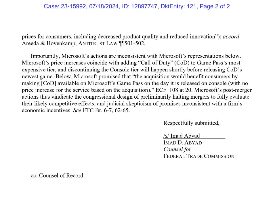 US FTC, which is still in appeals over its case against Microsoft's acquisition of ABK, filed a letter to the court stating Xbox raising Game Pass prices' 'are inconsistent' with Microsoft's claims that the acquisition -- and Call of Duty being added -- would not increase prices