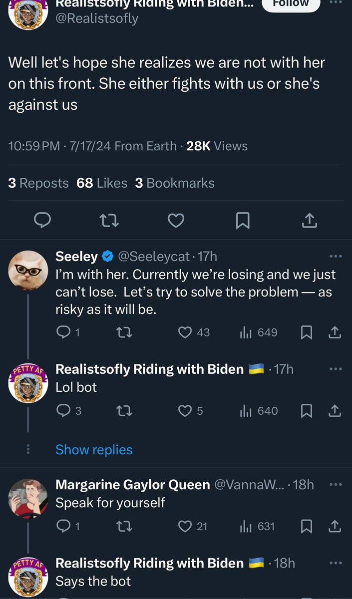 A not isolated theme is some of the “Biden is being forced out by the media but WE are with him” are absolutely convinced that anybody who thinks he should step aside is a Russian bot rather than a part of the 60-80% of Dems that think he should; which honestly explains a lot