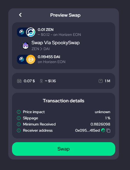 ionus12's tweet photo. Another way to swap $ZEN to $DAI using https://t.co/fN7lbgptK2, it's a DEX with multiple choice for the best rate and fee. I really like the way they provide all the best option to swap our token in #HorizenEON https://t.co/AUNcLIIUDO