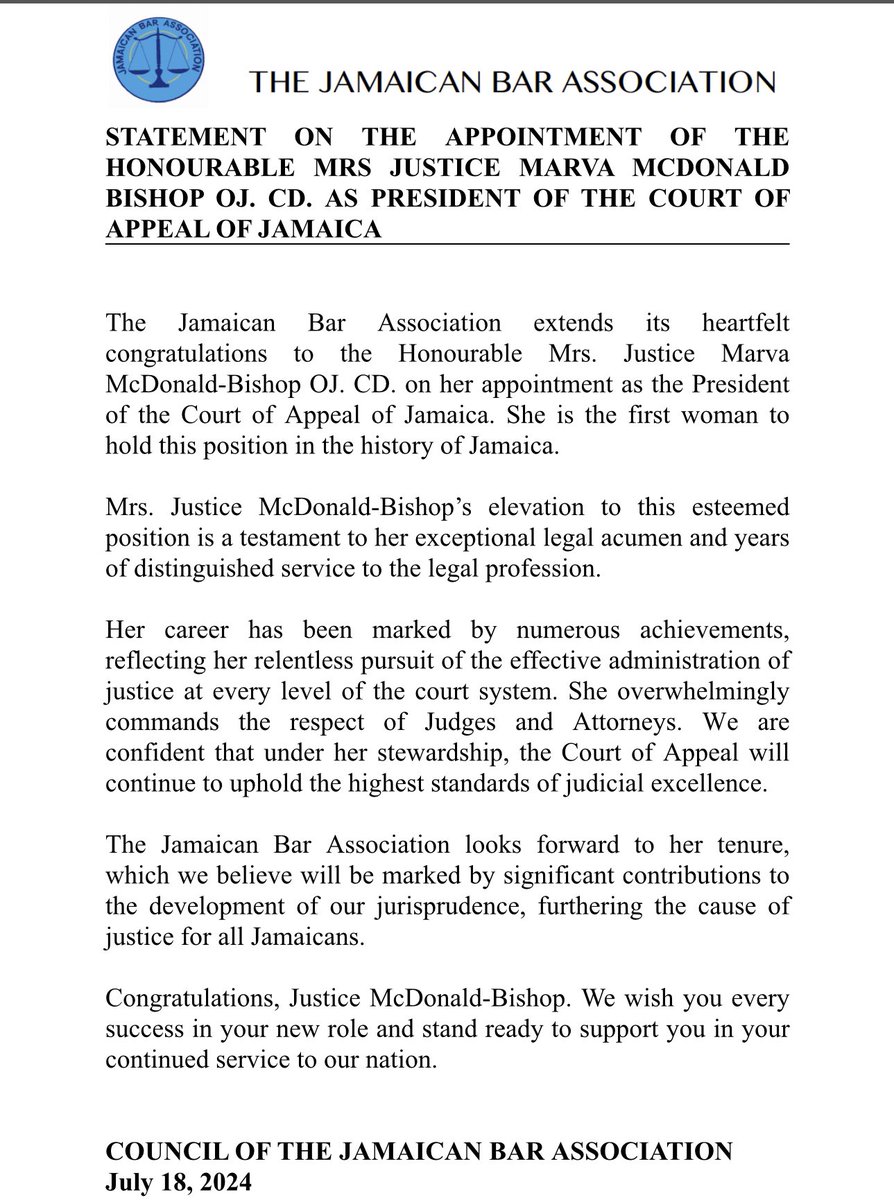 jambar2025's tweet image. JBA Statement on the appointment of Jamaica’s First Female President of the Court of Appeal 👩🏾‍⚖️✨ #jba #courtofappeal #changingoftheguard @jamjudiciary @mojofficialjm @Delroychuckjm @mlcagovjm @MalahooForteMP
