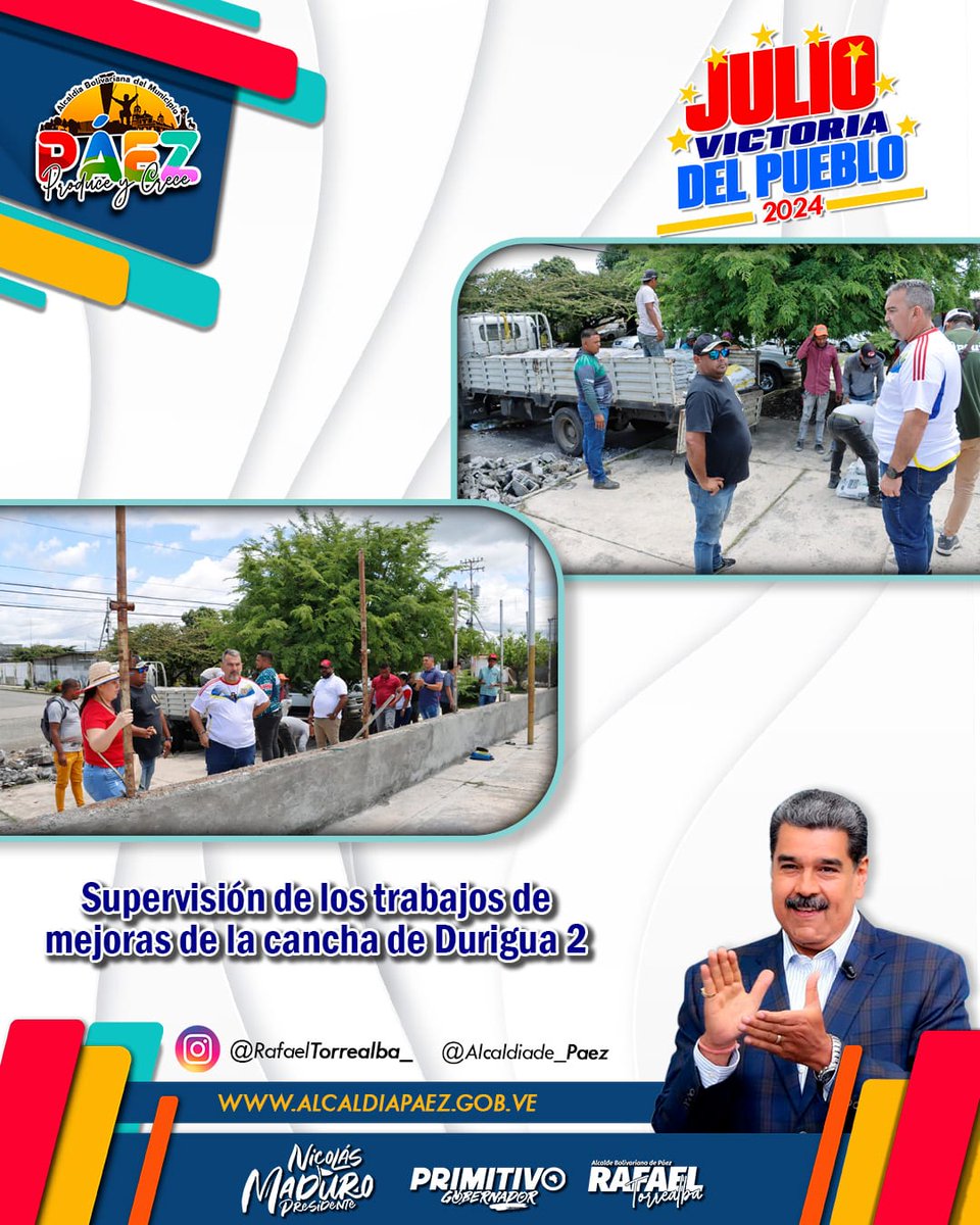 El alcalde Rafael Torrealba supervisó el avance de los trabajos de mejoras de la cancha de Durigua 2. Otro espacio que está siendo recuperado por la Revolución Bolivariana para el bienestar del pueblo paecista.

<a href="/nicolasmaduro/">Nicolás Maduro</a> <a href="/PrimitivoPsuv/">Antonio Primitivo Cedeño</a> <a href="/rtorrealba_/">Rafael Torrealba</a>