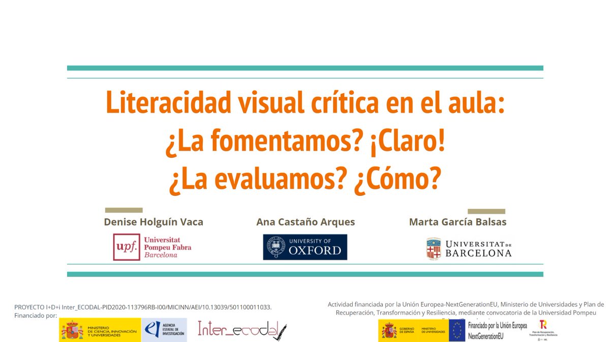 inter_ecodal's tweet photo. 🗓️Viernes, 19 de julio
⌚️8:30h
📍Quad Teaching Room (G.158) 
Denise Holguín y Marta García Balsas presentan "Literacidad visual crítica en el aula: ¿La fomentamos? ¡Claro! ¿La evaluamos? ¿Cómo?" https://t.co/JEq16vCKCf