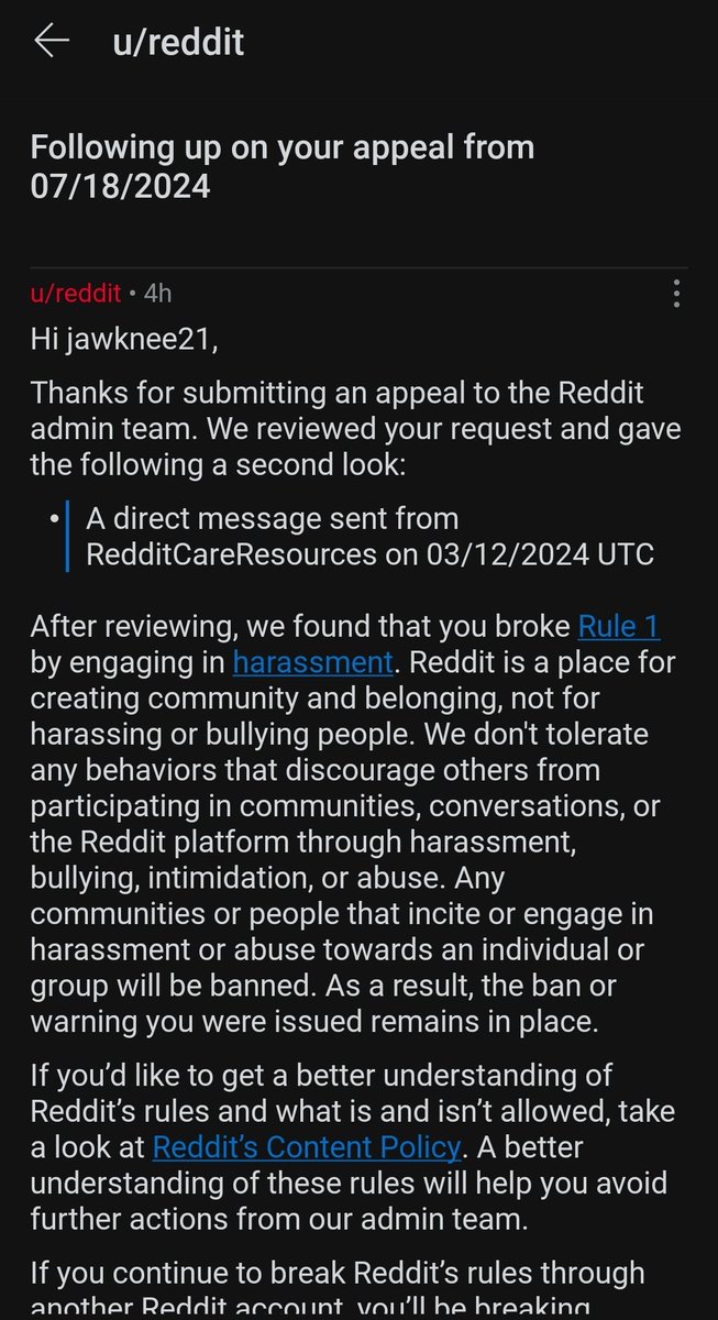 jawknee21's tweet photo. @Reddit 
What kind of response is this? You can't even give specifics of what was said. This is how I know the reporting, banning and appeal process is based on the opinion and feelings of someone who doesn't agree and can't follow the rules they attempt to cite. https://t.co/wJkUOKZw0H