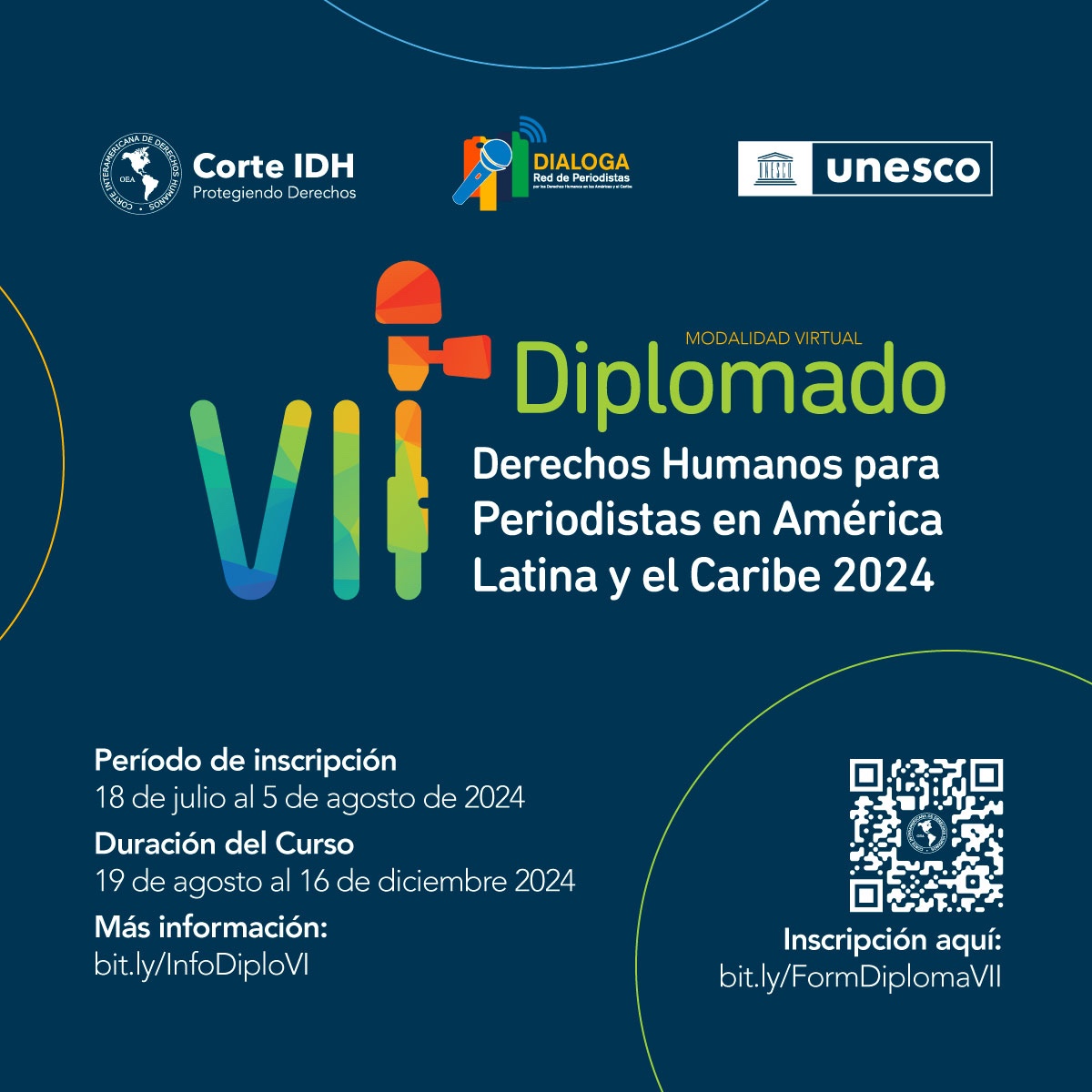 CorteIDH's tweet photo. 📢 ¡Ya están abiertas las inscripciones! 📢
Postúlate para la Séptima Edición del Diplomado en Derechos Humanos para Periodistas de la Red Dialoga de la Corte IDH y UNESCO. 📰
Este diplomado es un espacio único de sensibilización, comunicación y diálogo entre la Corte IDH y periodistas de América Latina y el Caribe 🌎, enfocado en el trabajo del Sistema Interamericano de Derechos Humanos en la región. 🏛️🤝
📅 Fecha de postulación: del 18 de julio al 5 de agosto
👩🏿‍💻 Inscríbete: https://t.co/OUkNRFkvGn
¡Te esperamos!