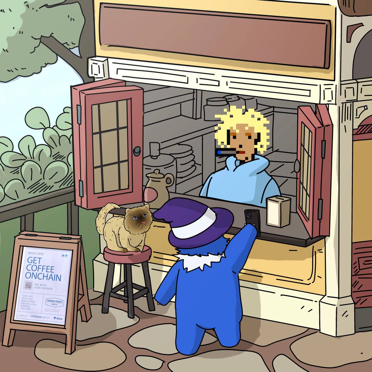 mayubnb's tweet photo. $WARPIE and Mister Miggles use the @CoinbaseWallet to buy some caffeinated deliciousness at the @Base Cafe! 🪄😺

Mint our remix here: https://t.co/tjokqaSdKl https://t.co/YdEKEuEUkd