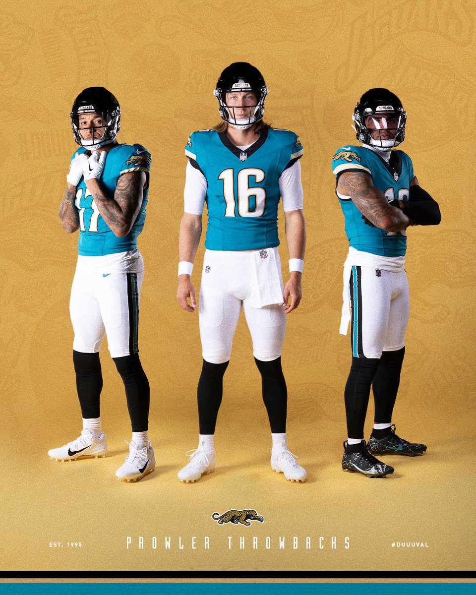 jordandelugo's tweet image. The Jaguars throwbacks are the best uniforms in the NFL PERIOD 

Teal is the coolest color in the league. Teal, black and gold is the best combo. The number font and borders, sleeves, and striping are undefeated.