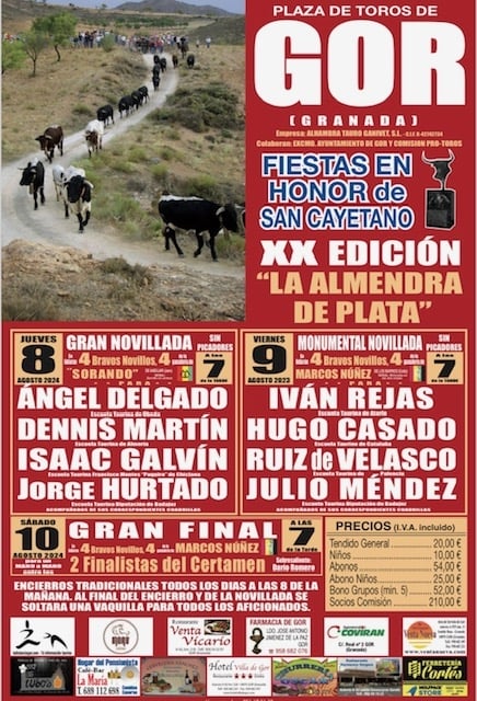 portaltaurino's tweet photo. Gor (Granada) anuncian los carteles de la XX Almendra de Plata por la Feria de San Cayetano, 8 y 9 de agosto las dos eliminatorias y el sábado 10 de agosto la gran final con reses de Marcos Núñez, aquí tienes las interesantes combinaciones @portaltaurino https://t.co/KcAEr8sG0G