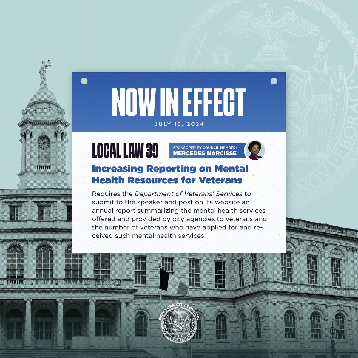 New York City Council (@nyccouncil) on Twitter photo NOW IN EFFECT:
✅ Local Law 39, <a href="/CMMercedesCD46/">Mercedes Narcisse</a>
As part of the Mental Health Roadmap, it requires <a href="/nycveterans/">NYC Department of Veterans' Services</a> to submit an annual report of mental health services offered by city agencies to veterans and the number of veterans who have applied for and received such services. NOW IN EFFECT:
✅ Local Law 39, <a href="/CMMercedesCD46/">Mercedes Narcisse</a>
As part of the Mental Health Roadmap, it requires <a href="/nycveterans/">NYC Department of Veterans' Services</a> to submit an annual report of mental health services offered by city agencies to veterans and the number of veterans who have applied for and received such services.