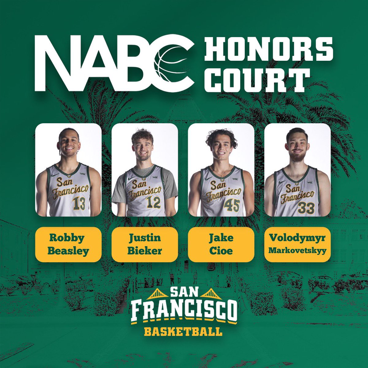 Earned it 🤓

Congrats to our four guys for being named to the 2023-24 <a href="/NABC1927/">NABC</a> Honors Court!

Your Dons also earned the Team Academic Excellence Award for the sixth straight year!

📰Full Release: rb.gy/qlmg3n

#USFDons | #WCChoops