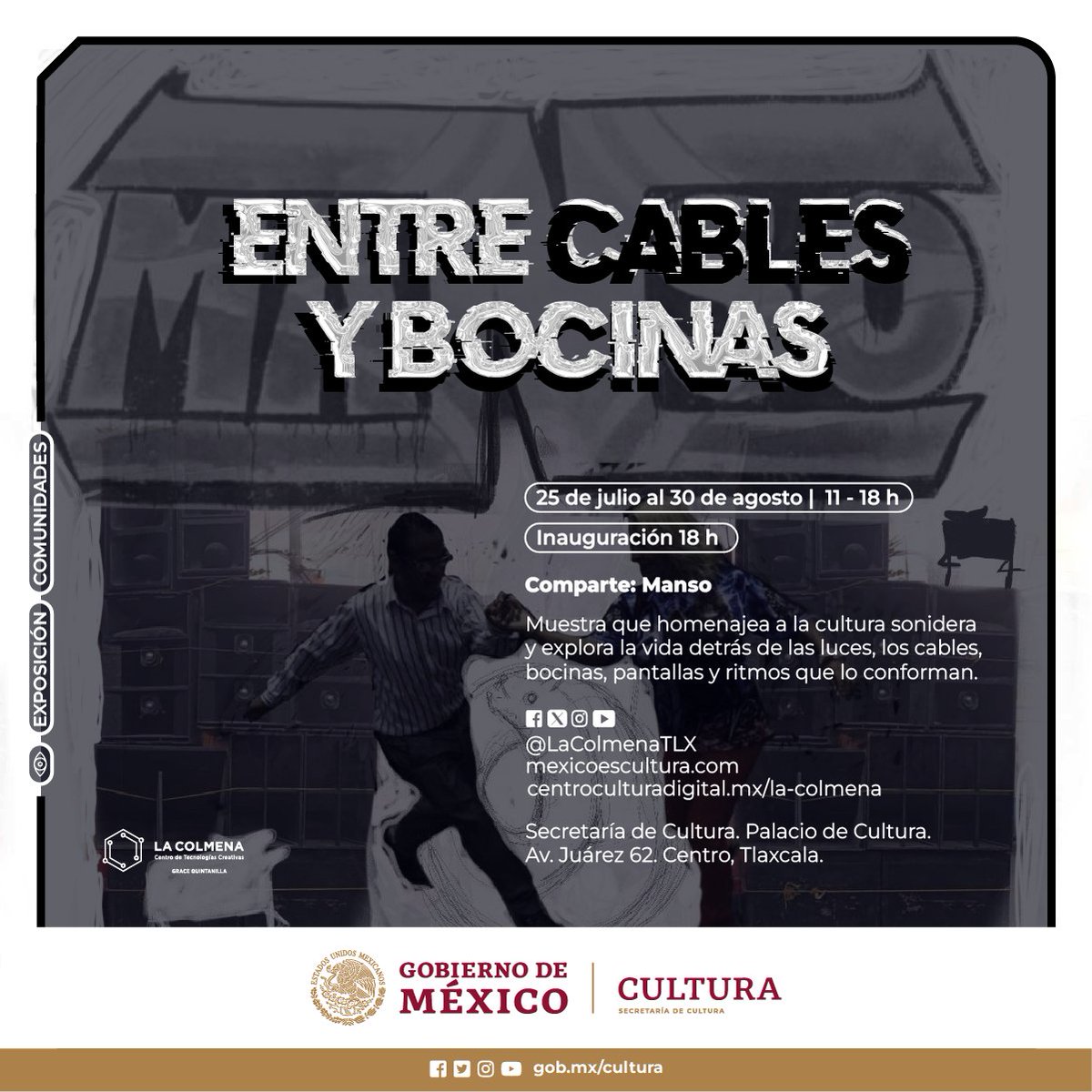 LaColmenaTLX's tweet photo. La cultura #sonidera es aquella que nos sumerge en los ritmos y música latina con un estilo vibrante que se apropia de las calles.
No se pierdan la expo “Entre cables y bocinas” de Omar Saucedo (Manso)
25 JUL - 30 AGO | 11 - 18 h | Sótano, Palacio de Cultura de Tlaxcala https://t.co/Y3iJePUaiS