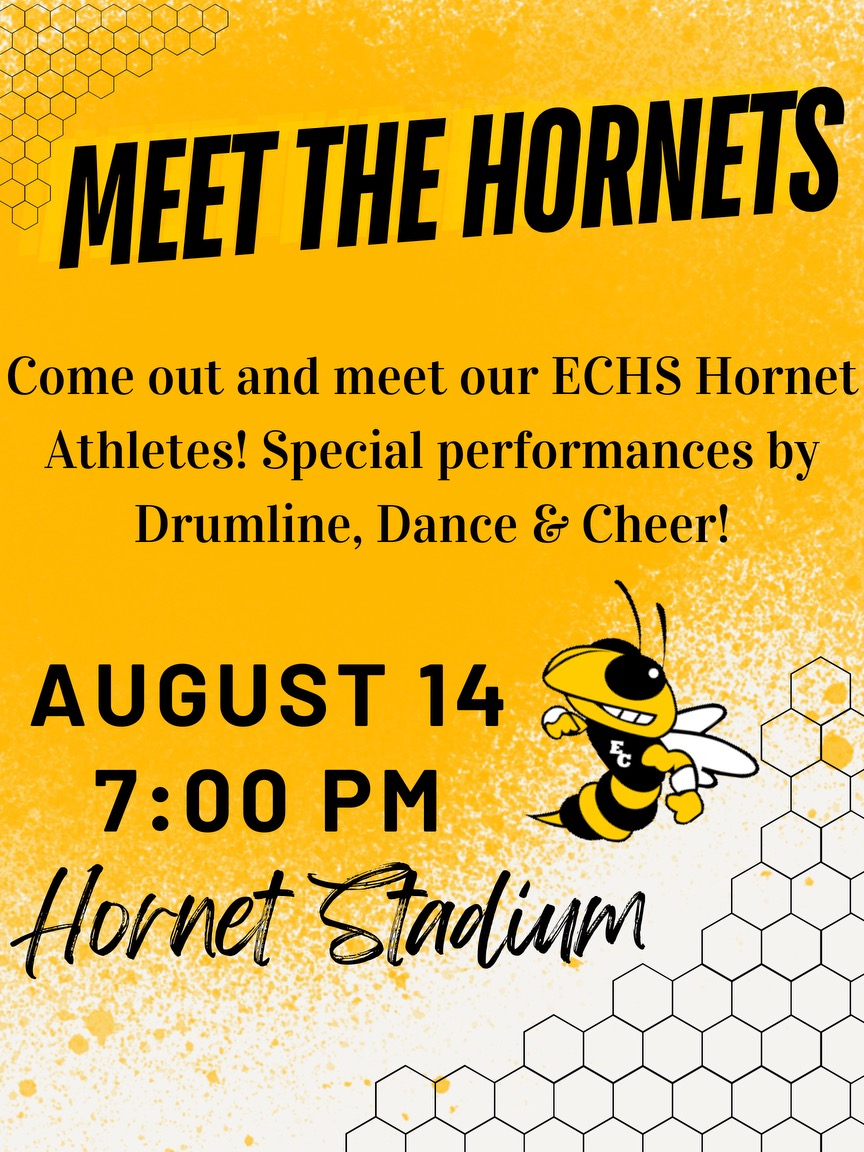 Spirit_ECHS's tweet photo. Meet the Hornets 🐝
August 14th @ Hornet Stadium
Can’t wait to see you there! #WeAreEC https://t.co/51K9h1lGUJ