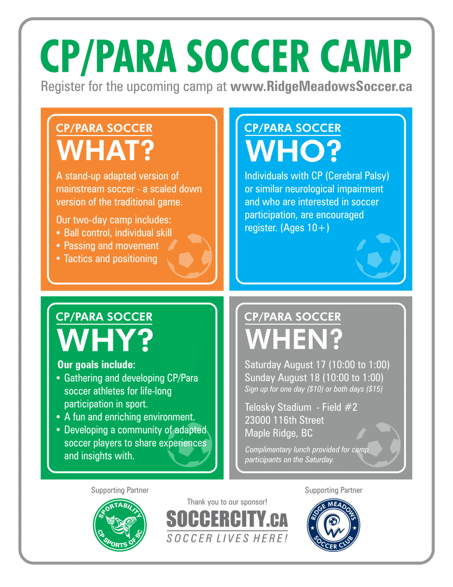 SportAbilityBC's tweet photo. Interested in trying Para Soccer? Come out to our CP/Para Soccer Camp hosted in partnership with @RidgeMeadowsSC!

When: August 17-18, 2024
Where: Telosky Stadium, Maple Ridge

Learn more ➡️ https://t.co/WtVVwZ1LOW

Questions ➡️ Email Justine at sportdevelopment@sportabilitybc.ca https://t.co/SAlMDqxi0m
