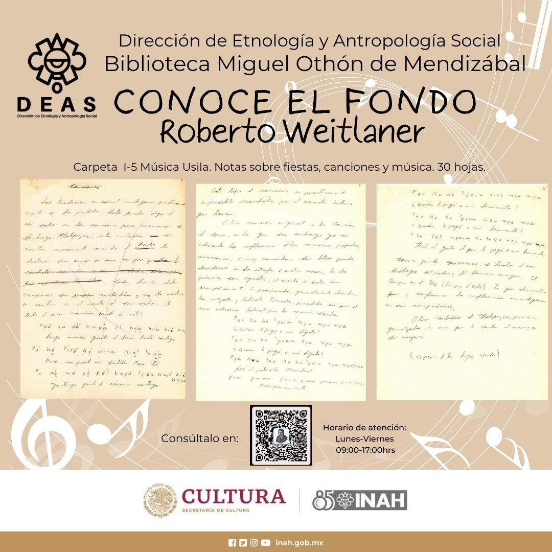 antropoidas's tweet photo. 📣‼️ Jueves de #conoceelfondo

📜#fondo documental Roberto J. #Weitlaner | En el día mundial de la #escucha les mostramos parte de la Carpeta I-5 Música Usila. Notas sobre fiestas, canciones y música. 30 hojas.

▶ #Visitanos 👇
https://t.co/lD0rFX7wLJ

#deas  #bibliotecadeas https://t.co/m8BLdm19L4
