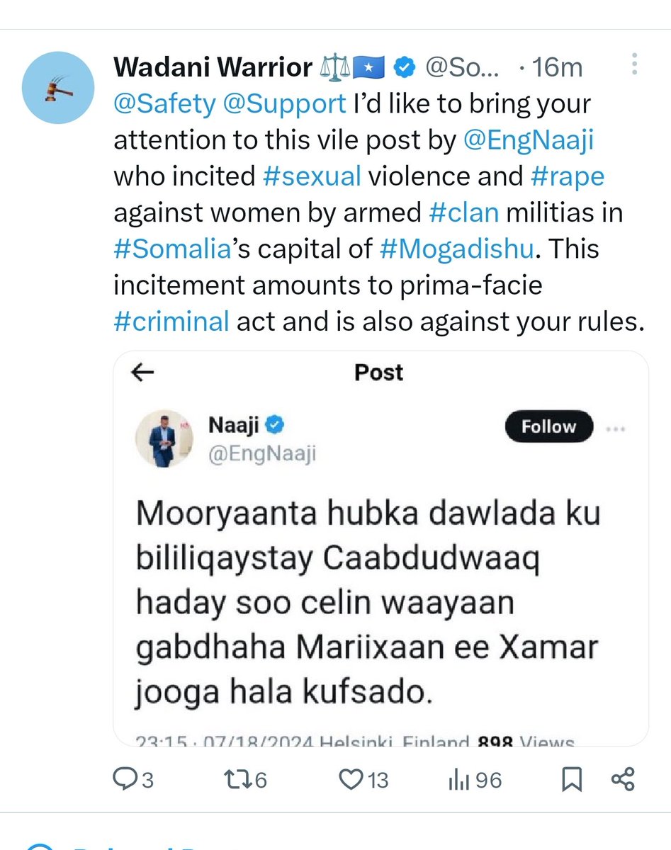 EngNaaji's tweet photo. Dear Twitter @Support
@Safety
@XSpaces
I am writing to report a tweet by user @Somali_Lawyar that falsely accuses me of inciting sexual violence and rape. This tweet is defamatory and constitutes harassment. I did not write the tweet they are referencing, and these false allegations are damaging to my reputation.
Please take immediate action to investigate and remove this false and harmful content.
Thank you for your assistance.
Sincerely,
@EngNaaji