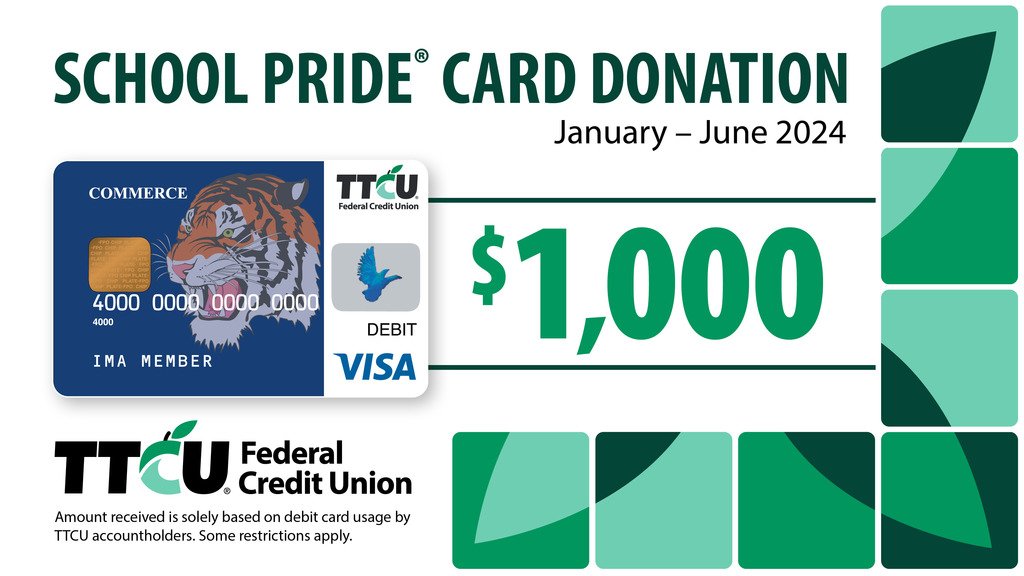 CoachSMoss's tweet photo. We recently received our School Pride® donation from TTCU Federal Credit Union for the first half of 2024. Thank you for using your TTCU School Pride® debit card and giving back to our district! If you don't have one, get yours today! #ttcuSchoolPride @TTCUCreditUnion @ttcu https://t.co/u1ON4FVMKe
