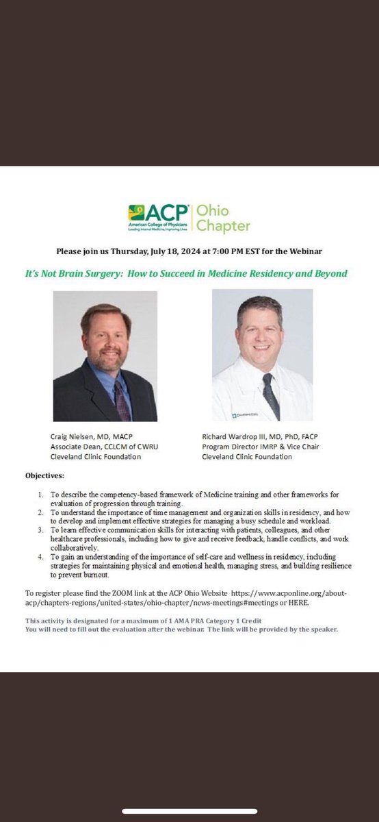 medpedshosp's tweet photo. @OhioAcp July 2024 webinar - "It's not brain surgery: how to succeed in Medicine Residency and beyond" with the fantastic @Mud_Fud and @craigniel13 is LIVE!!!!

@ACPIMPhysicians 
@ClevelandClinic @metrohealthCLE @UHhospitals @SummaIM_Res @CincyIM https://t.co/K3RkAsJOes