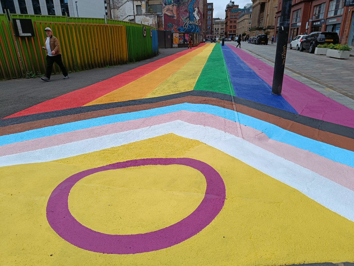GlasgowsPride's tweet photo. Very Proud moment with @GlasgowCC with the first LGBTQIA+ pride flag mural appearing in Glasgow City Centre's Merchant City #progress #pride #unity #inclusion #LGBTQIAplus #community #inclusivecity https://t.co/iCbU7XTlwh
