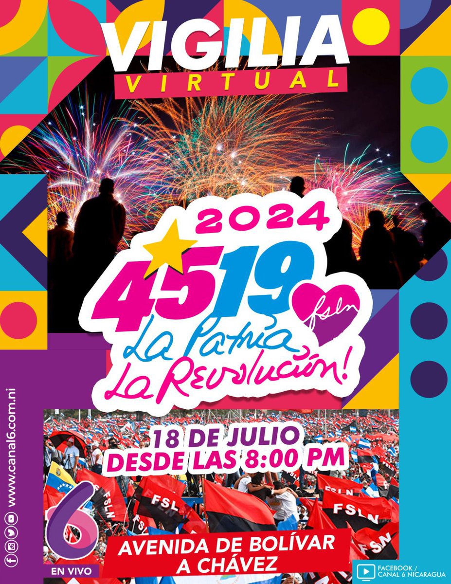 Tod@s a la Avenida Bolivar este 18 de Julio a Celebrar el 45/19 de la Revolución Popular #Sandinista 🇳🇮❤️🖤

#Nicaragua Libre Bendita Y Soberana!!!

#4519LaPatriaLaRevolución #4519SiempreMásÁlla #ManaguaSandinista #PLOMO19