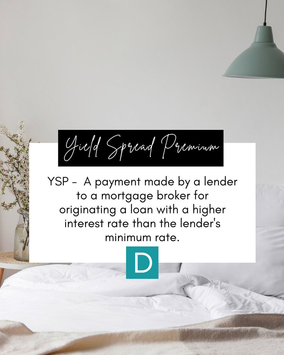 YSP is a payment made by a lender to a mortgage broker. Why? It's for originating a loan with an interest rate that's higher than the lender's minimum rate.

#RealEstate #MortgageTips #HomeBuying